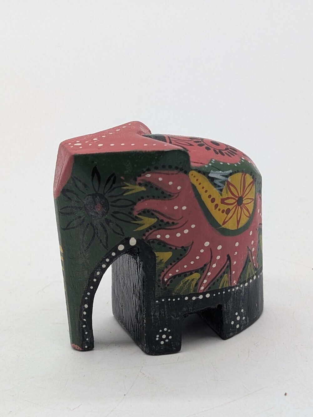 Vintage Hand-Painted Mexican Folk Art Wooden Elephant Figurine